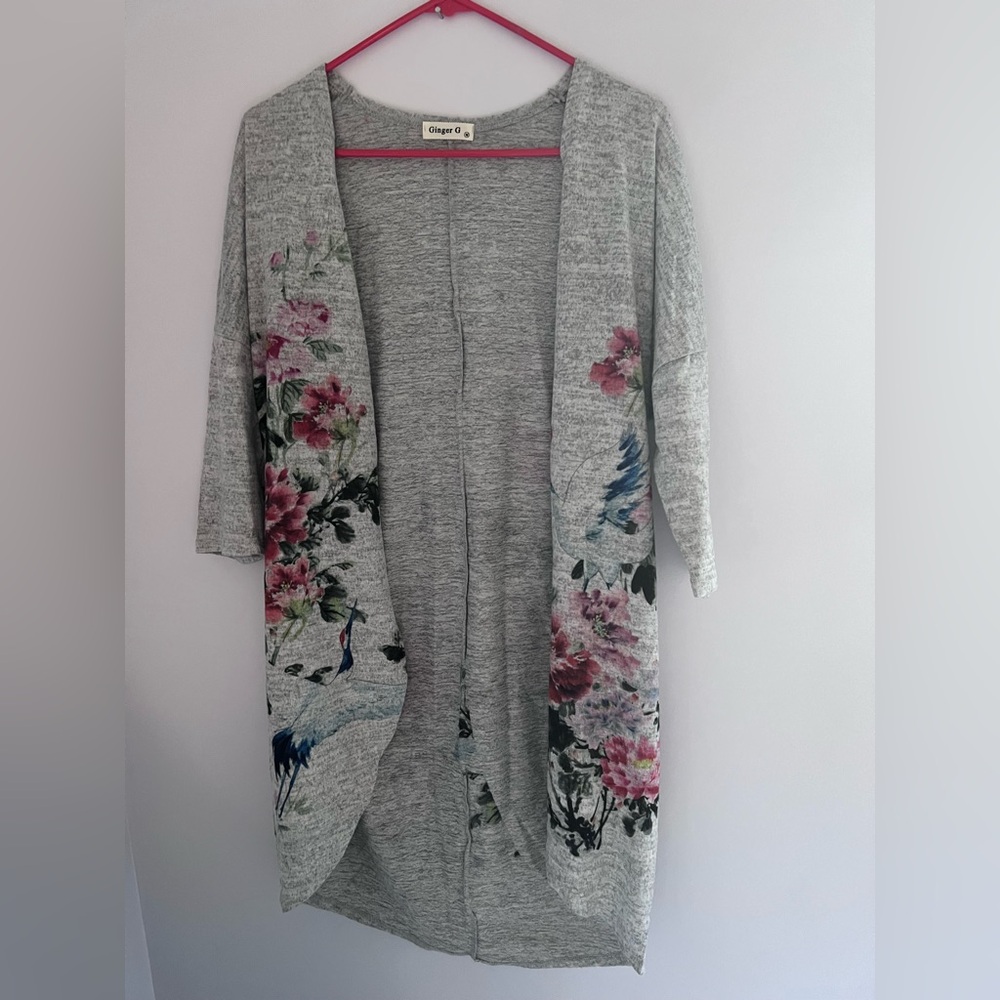 Ginger G Light Gray Floral Open Cardigan with Pink Accents